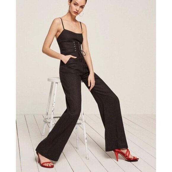 Reformation Pace Corset Jumpsuit Black Pinstripe Wide Leg Suiting Size 0 - Picture 1 of 13